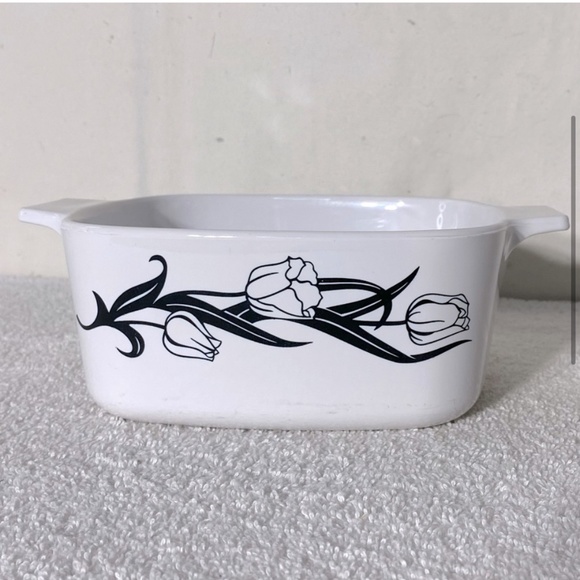 Vintage Corningware Lyrics Black Tulip Print Casserole Dish A-1.5-L USA - Picture 4 of 13